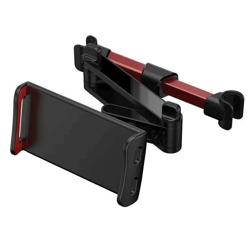 Adjustable car headrest mount for holding smartphones and tablets, with 360-degree swivel and telescopic arm for optimal viewing