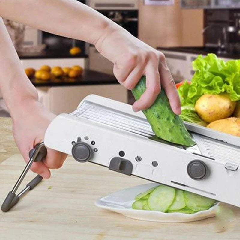 The Versatile Vegetable Slicer with adjustable slicing, shredding, and waffle cutting capabilities for easy meal preparation