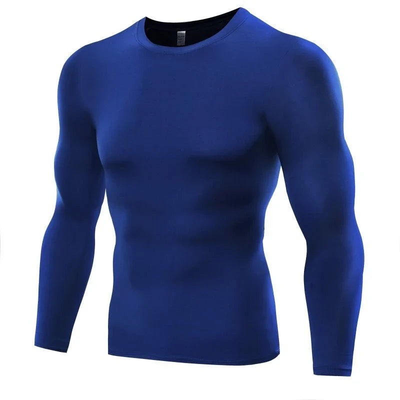 Premium men's long sleeve compression workout shirt in black, white, gray, green, blue, and red colors