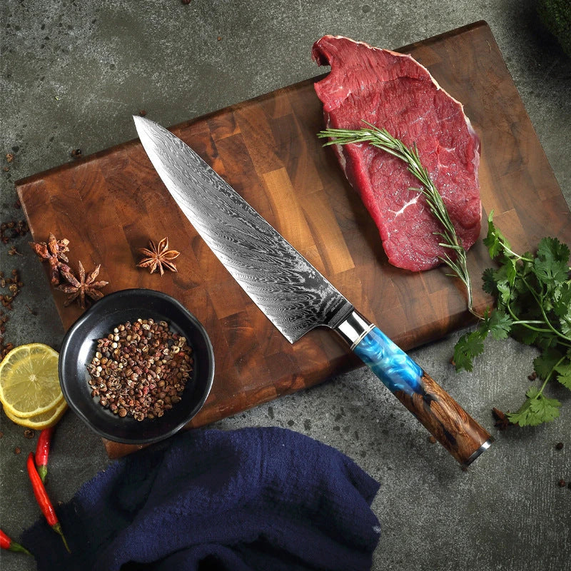 Exquisite Japanese Damascus Steel Chef's Knife with Stunning Brocade Pattern and Ergonomic Resin Wood Handle