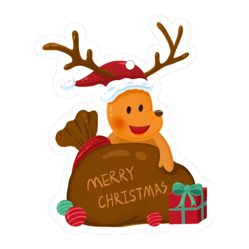Festive car ornament hanging from rearview mirror with Christmas designs