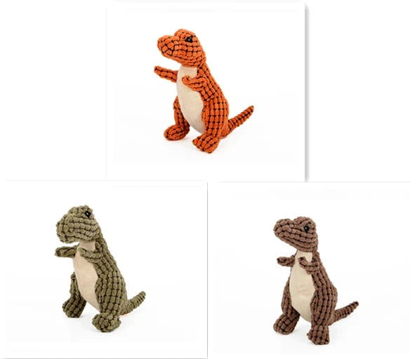 Dinosaur-themed plush chew toys for large dogs, featuring durable corn velvet exterior and soft, squeaky filling materials