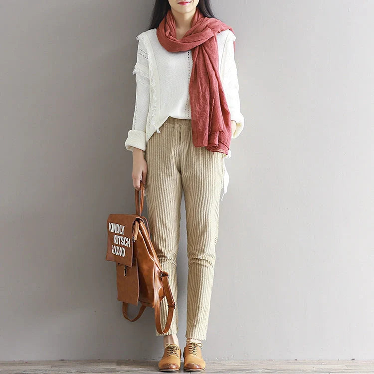 Women's large size thin corduroy trousers with adjustable waist in apricot, coffee, and grey