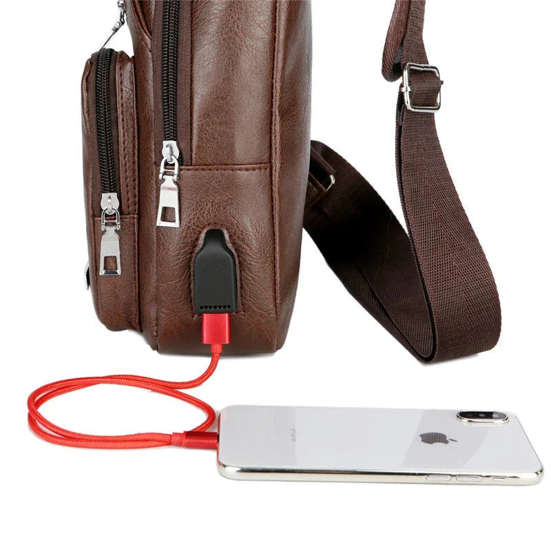 Stylish USB charging messenger bag with wear-resistant fabric, headphone jack, and spacious front pocket for modern, tech-savvy individuals