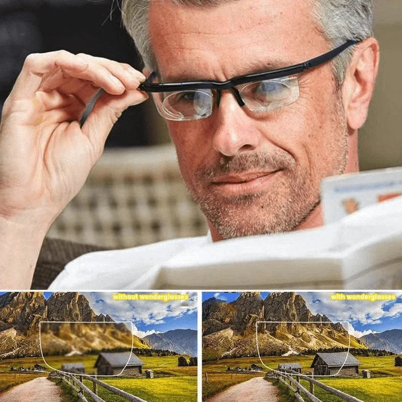 Adjustable Focus Sight Glasses with dial-controlled magnification for clear vision