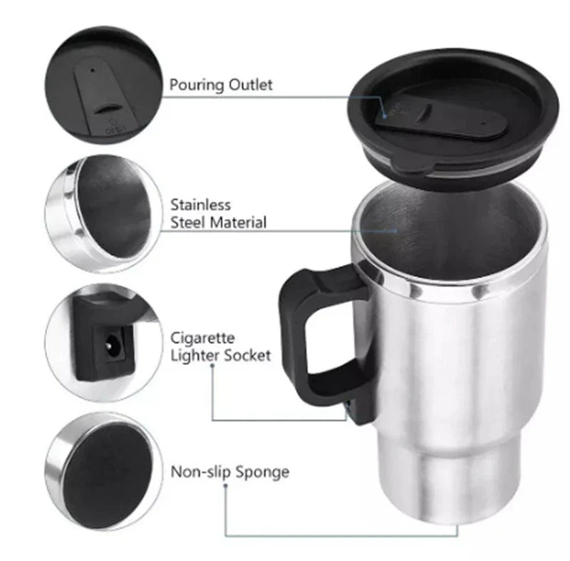 Portable stainless steel car kettle with 12V heating element and vacuum insulation for keeping drinks hot on the go