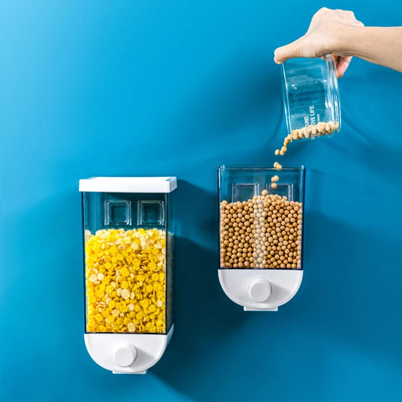 Convenient kitchen food storage container with transparent design, wall-mounted for space-saving storage of cereals, snacks, and other dry goods
