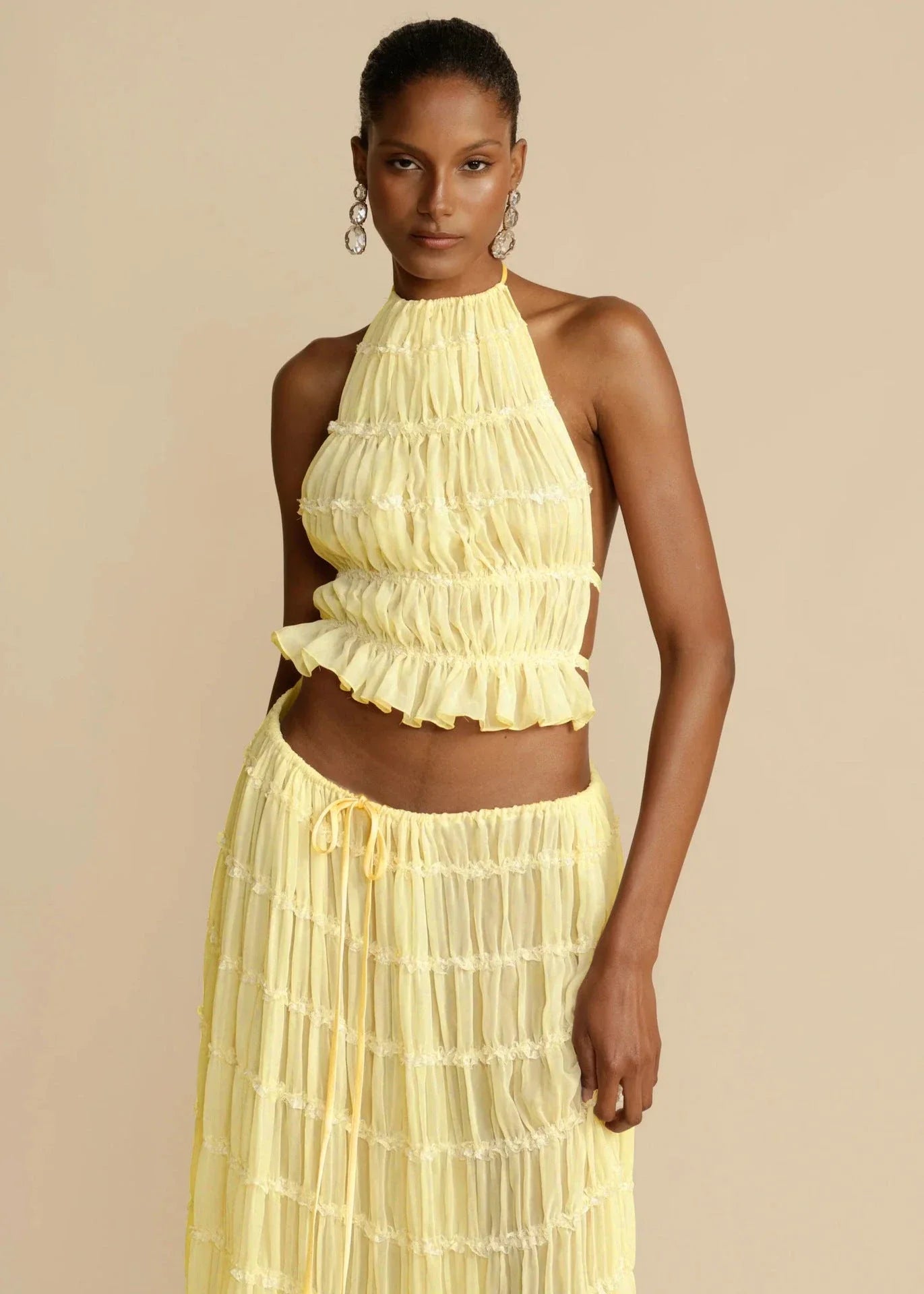 Chic sleeveless backless cropped halter top and pleated maxi dress set in various colors