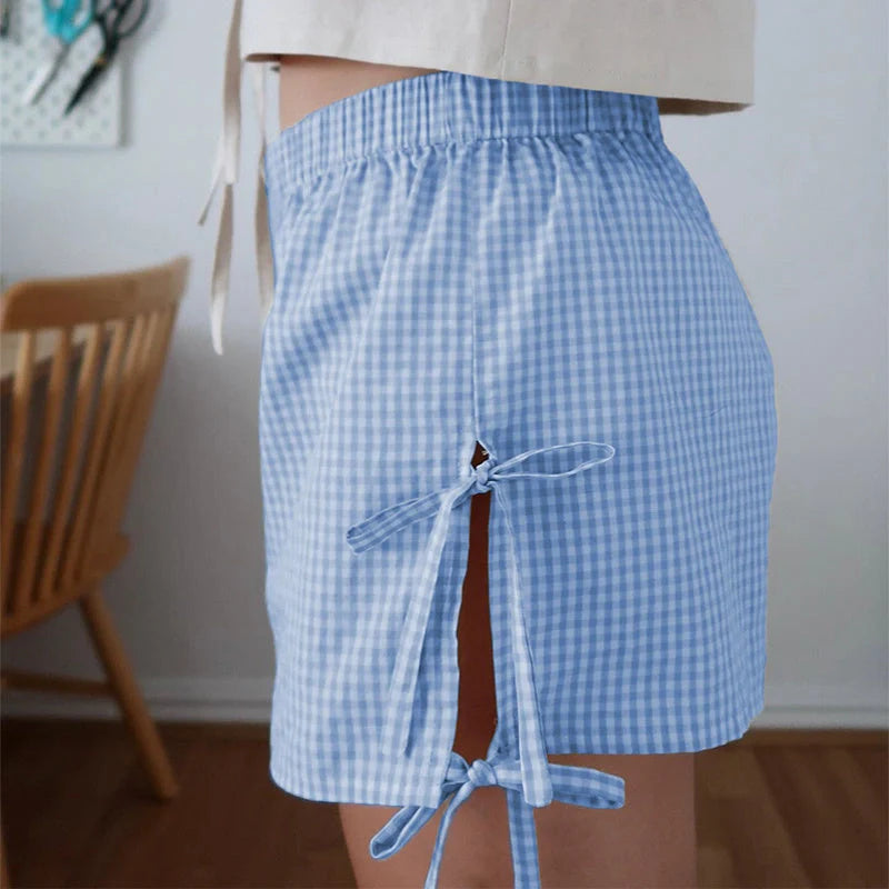 Women's stylish loose plaid shorts with lace-up design for summer