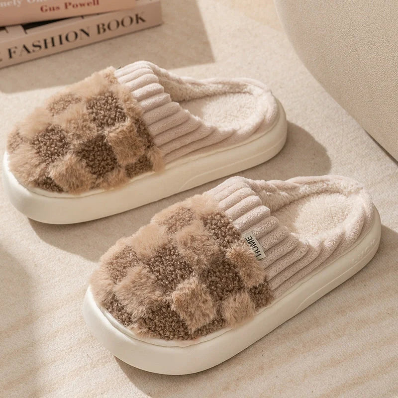 Plaid plush slippers for women with non-slip sole in various colours