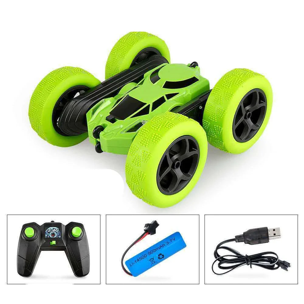 Control Off-Road Double-Sided 360-Degree Flip Stunt Tumbler Charging Racing Car in green colour with cool LED lights and remote control