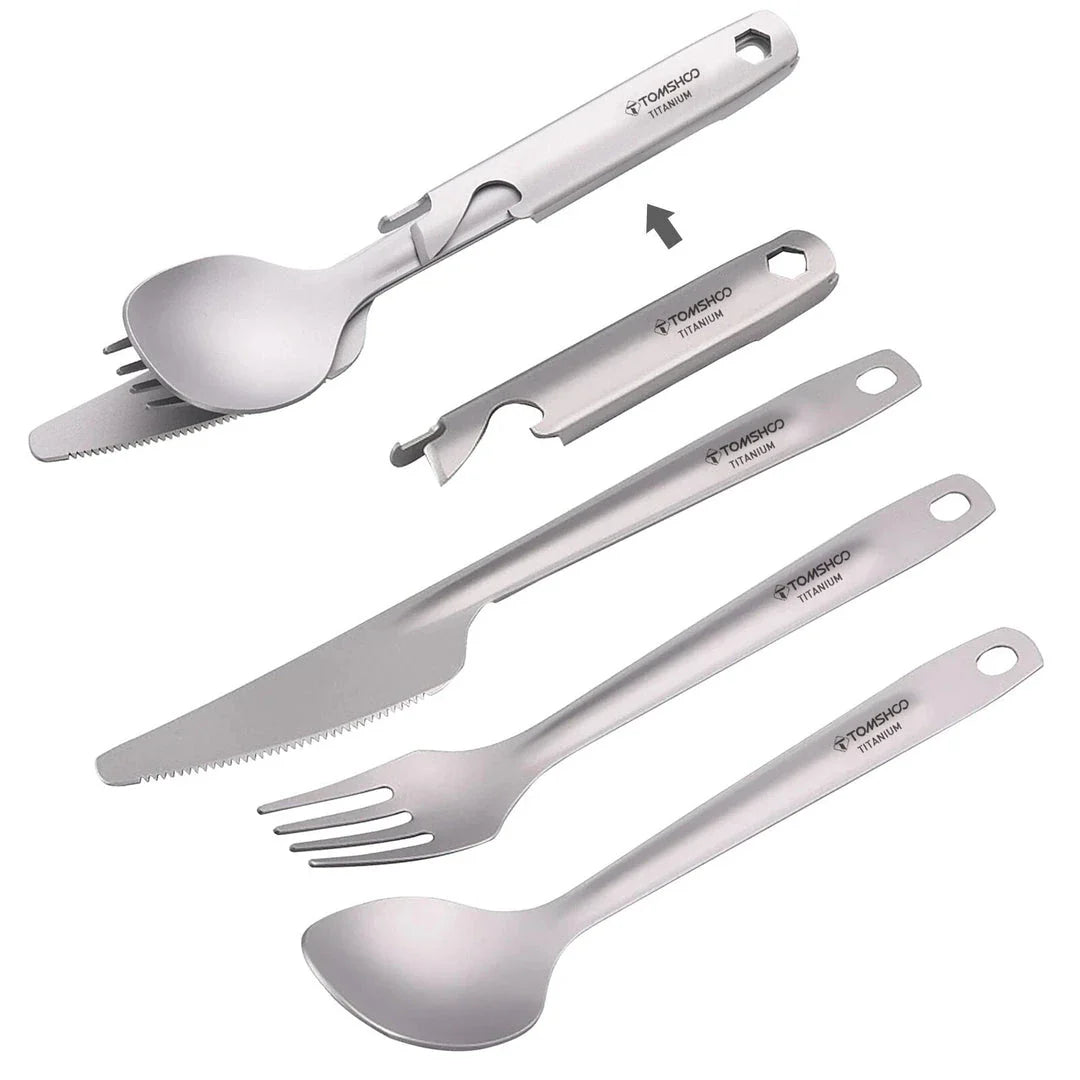 Titanium 4-in-1 outdoor cutlery set with multifunctional holder for camping, hiking, and picnics
