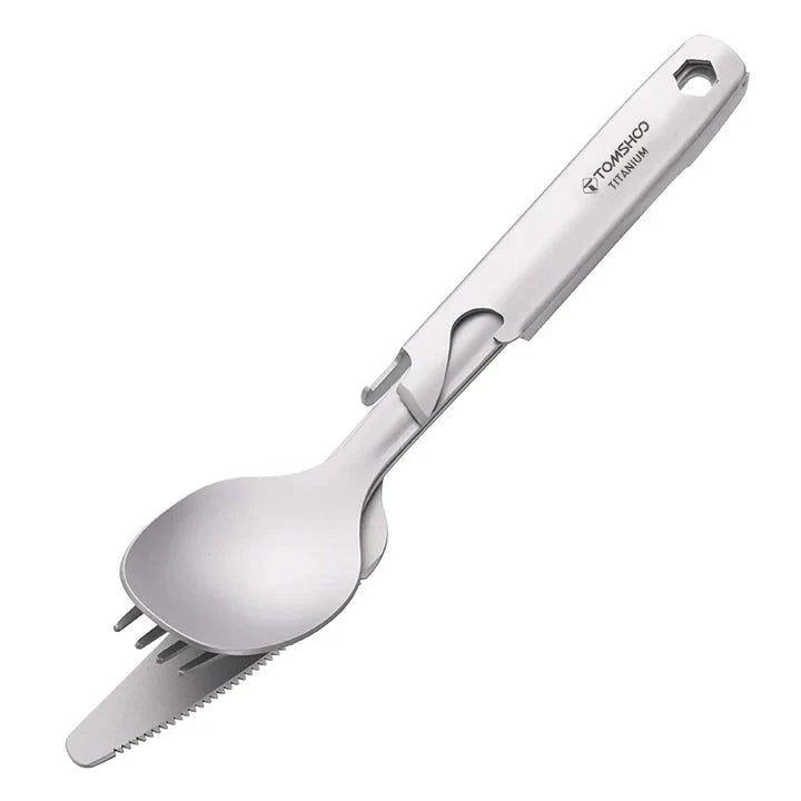 Titanium 4-in-1 outdoor cutlery set with multifunctional holder for camping, hiking, and picnics