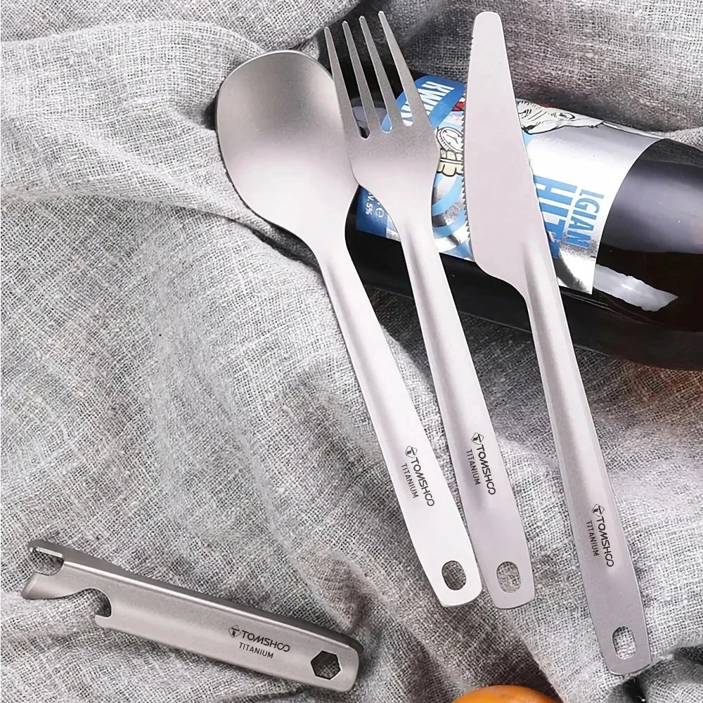 Titanium 4-in-1 outdoor cutlery set with multifunctional holder for camping, hiking, and picnics