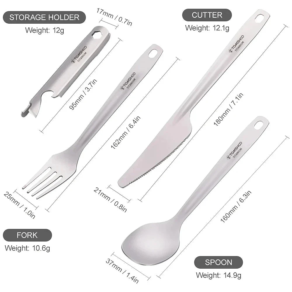 Titanium 4-in-1 outdoor cutlery set with multifunctional holder for camping, hiking, and picnics