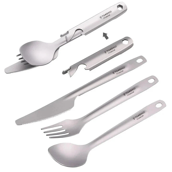 Titanium 4-in-1 outdoor cutlery set with multifunctional holder for camping, hiking, and picnics