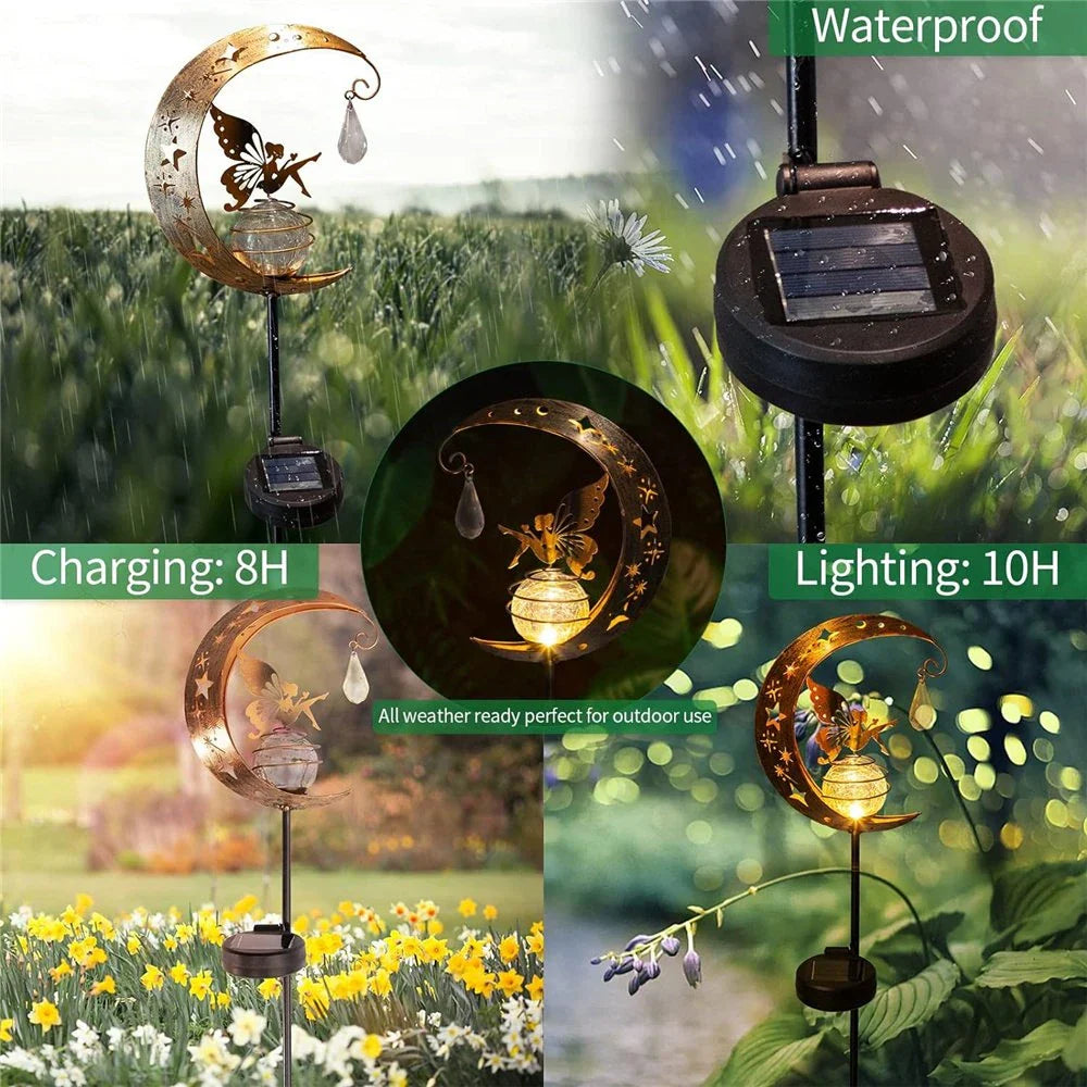 Enchanting solar-powered garden light with fairy and moon design, ideal for illuminating pathways, patios, and outdoor spaces