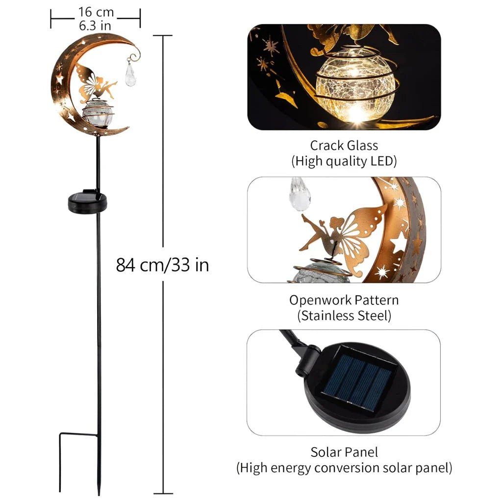 Enchanting solar-powered garden light with fairy and moon design, ideal for illuminating pathways, patios, and outdoor spaces