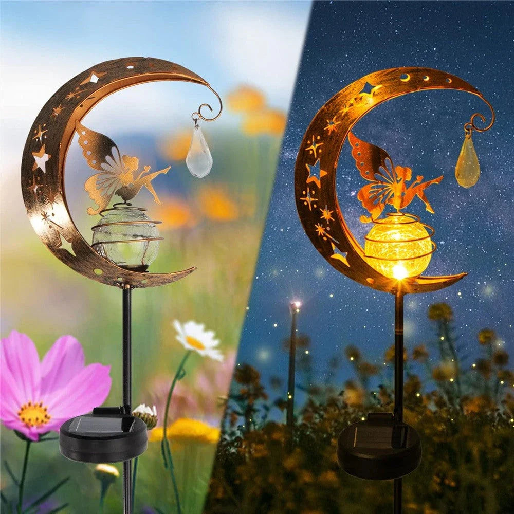 Enchanting solar-powered garden light with fairy and moon design, ideal for illuminating pathways, patios, and outdoor spaces