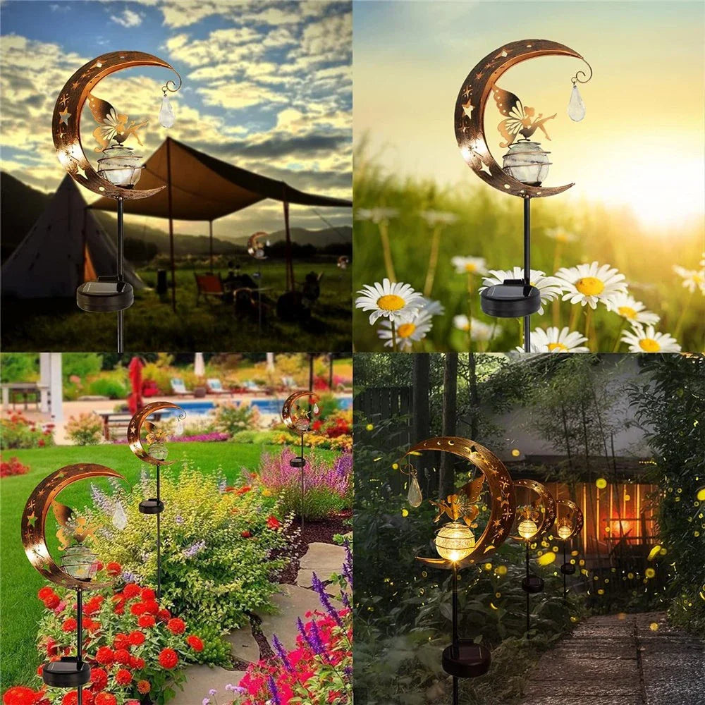 Enchanting solar-powered garden light with fairy and moon design, ideal for illuminating pathways, patios, and outdoor spaces