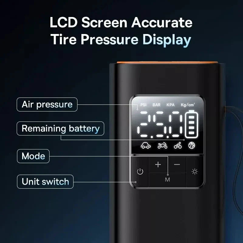 Portable Wireless Car Air Pump with 17-Cylinder Motor for Fast Inflation, Cordless Design, and Auto-Stop Function