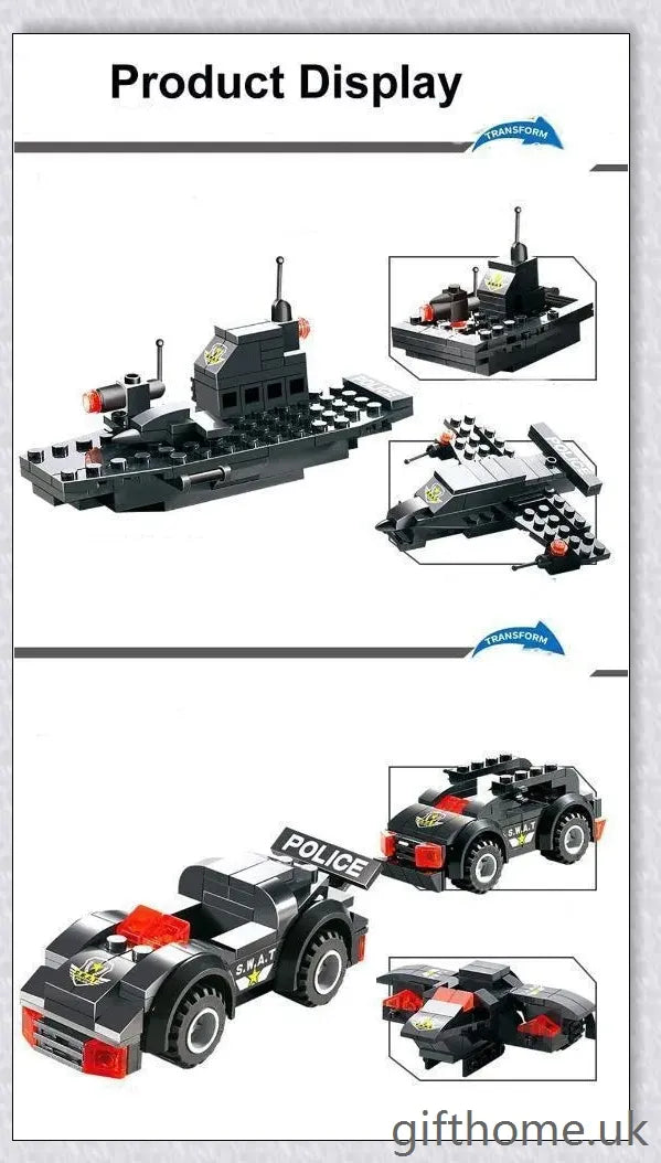 8-in-1 Building Block Set with Robot, Aircraft, Car, Police, and SWAT Transformations