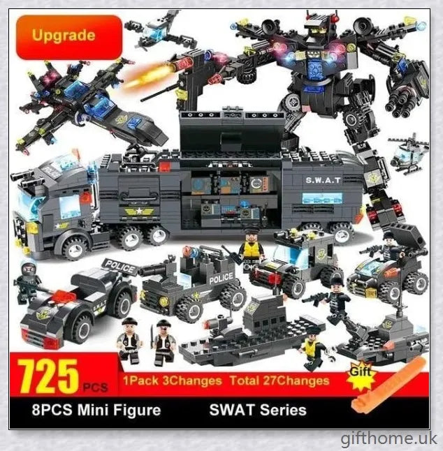 8-in-1 Building Block Set with Robot, Aircraft, Car, Police, and SWAT Transformations