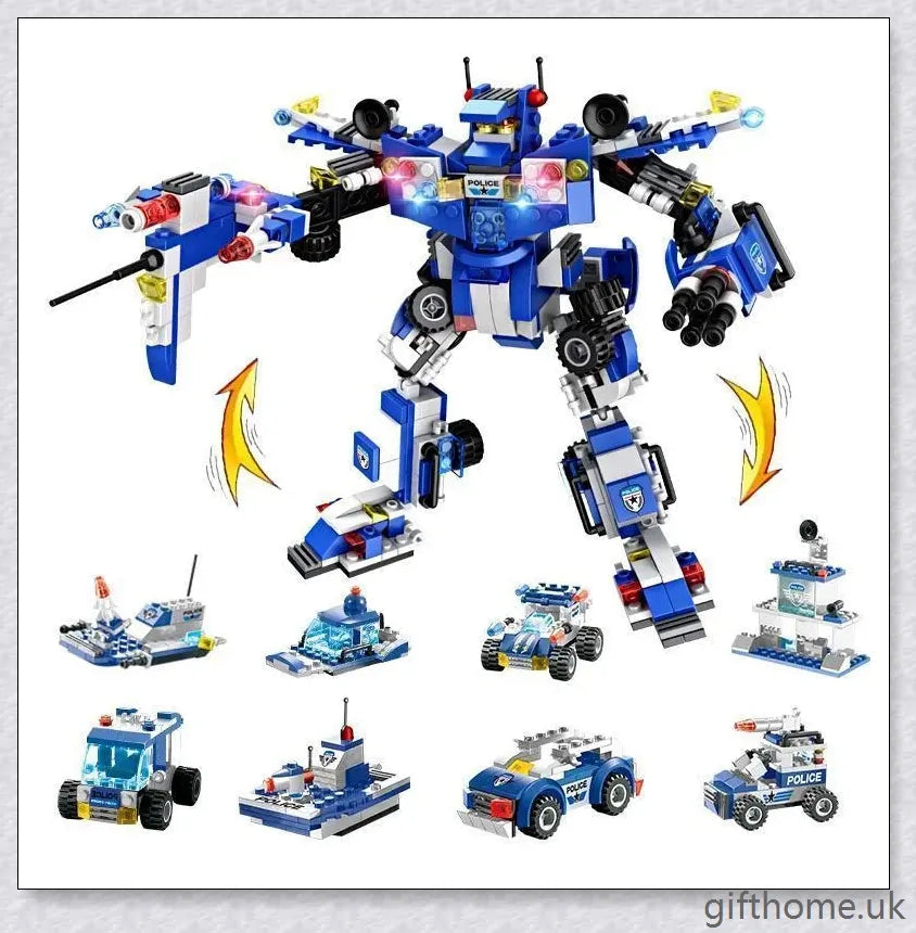 8-in-1 Building Block Set with Robot, Aircraft, Car, Police, and SWAT Transformations