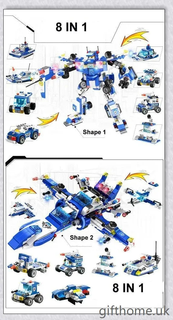 8-in-1 Building Block Set with Robot, Aircraft, Car, Police, and SWAT Transformations