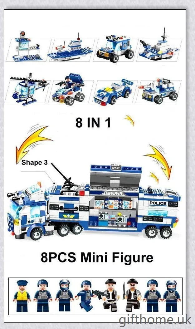 8-in-1 Building Block Set with Robot, Aircraft, Car, Police, and SWAT Transformations