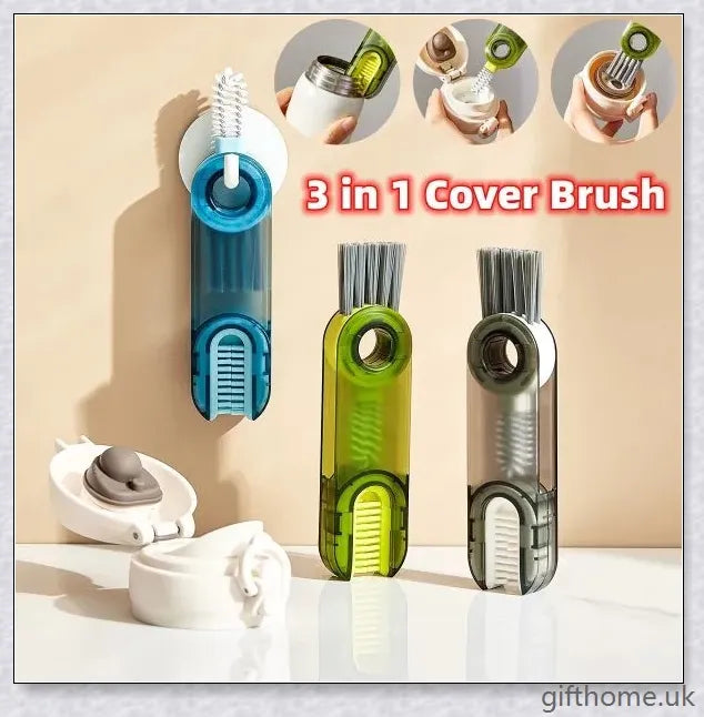 A 3-in-1 cleaning brush set with a spiral brush, bevel corner brush, and sponge for thoroughly cleaning bottles, cups, and hard-to-reach areas