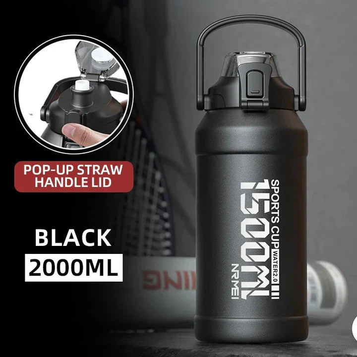 Insulated stainless steel water bottle with removable straw, designed for hydration and convenience in the UK