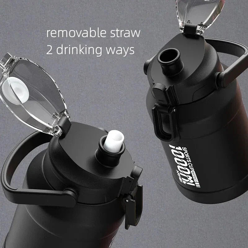 Insulated stainless steel water bottle with removable straw, designed for hydration and convenience in the UK