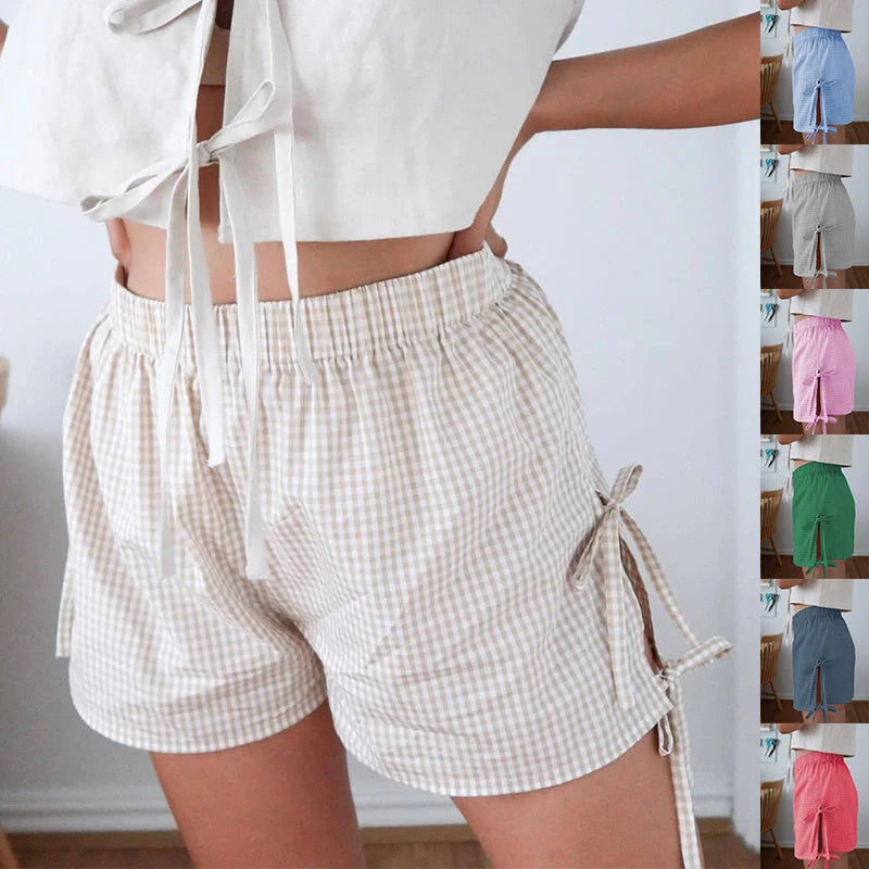 Women's stylish loose plaid shorts with lace-up design for summer