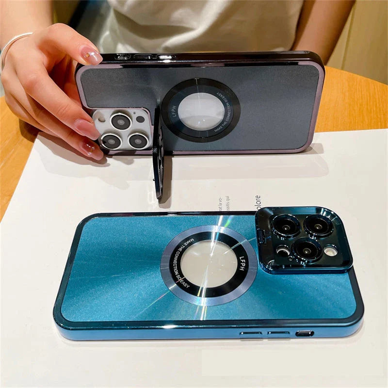 Sleek and stylish Magsafe phone case with invisible camera stand and CD pattern design