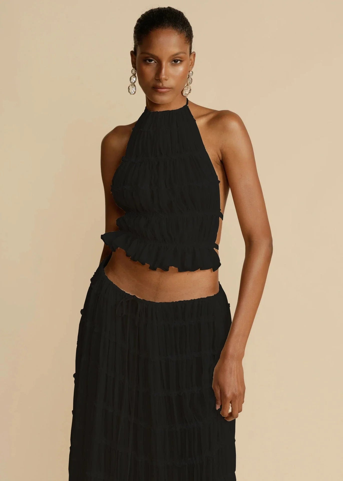 Chic sleeveless backless cropped halter top and pleated maxi dress set in various colors