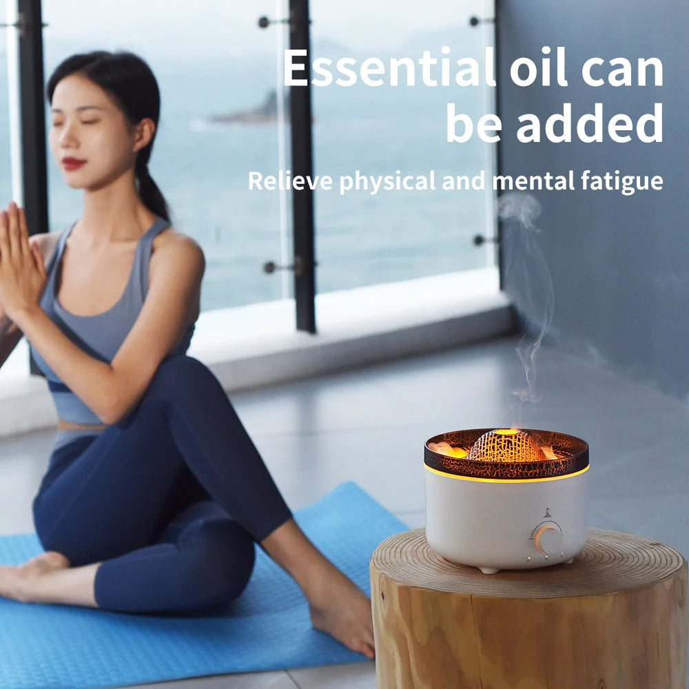 Small simulated flame volcano humidifier with aroma diffuser and remote control