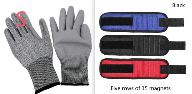 A 15-slot magnetic wristband made of durable nylon with powerful embedded magnets for organising and holding small tools and fasteners.