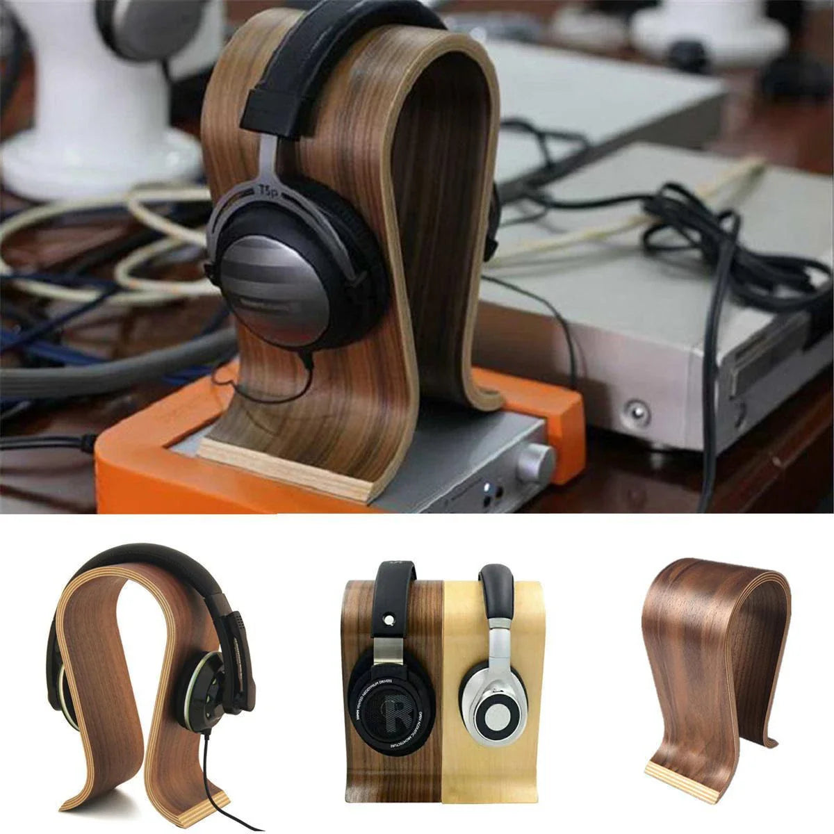 Elegant solid wood headphone stand in a contemporary design for beautiful display of audio equipment