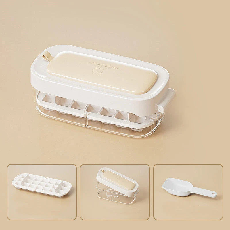 Versatile ice cube tray with high capacity, easy release, and dedicated storage compartment for included ice shovel