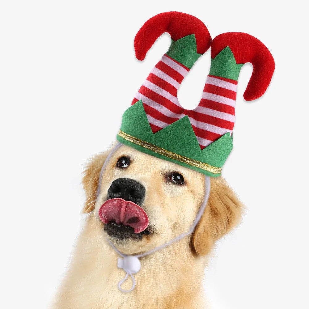Adjustable Christmas hat for dogs with festive striped design