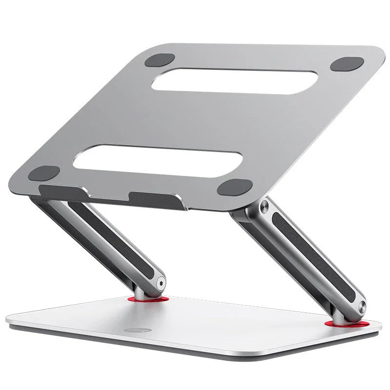 Adjustable aluminium laptop stand with foldable design and ventilated cooling rack for desks