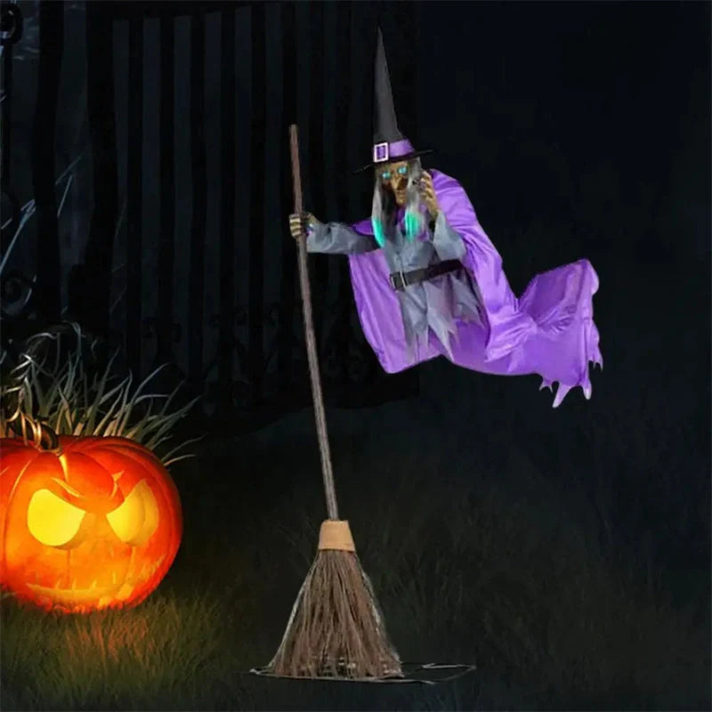 Captivating 6-foot-tall floating witch decoration with lifelike face and dramatic purple skirt, perfect for spooky Halloween displays