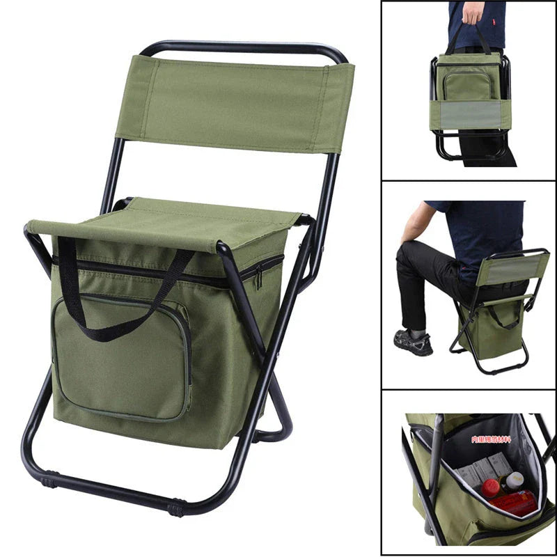 Portable foldable fishing chair with built-in refrigerator for keeping drinks and snacks chilled during outdoor activities
