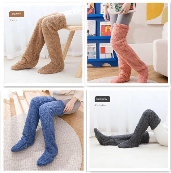 Cozy over-the-knee fuzzy socks in various colors, including brown, blue, dark gray, and pink purple