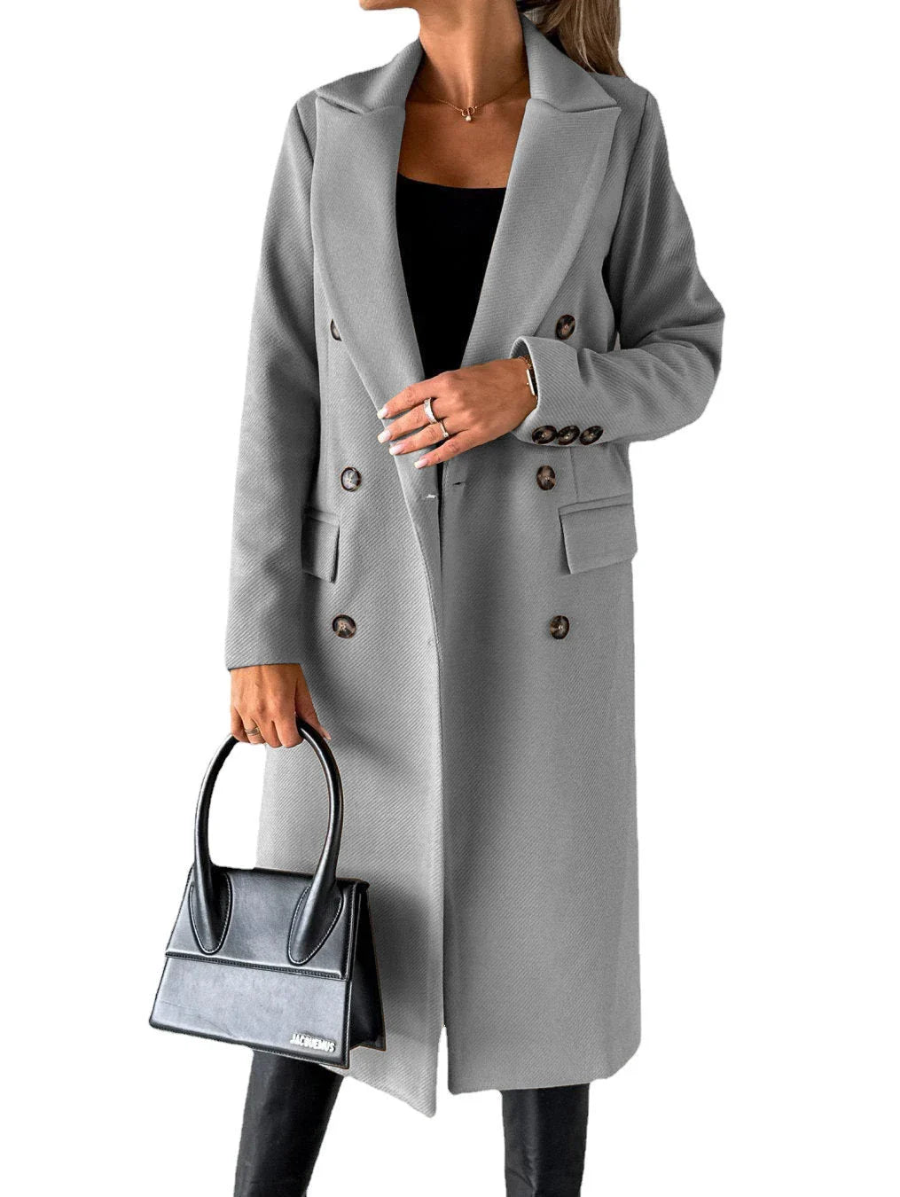 Women's long polyester winter coat in various colors including light grey, black, khaki, army green, and more