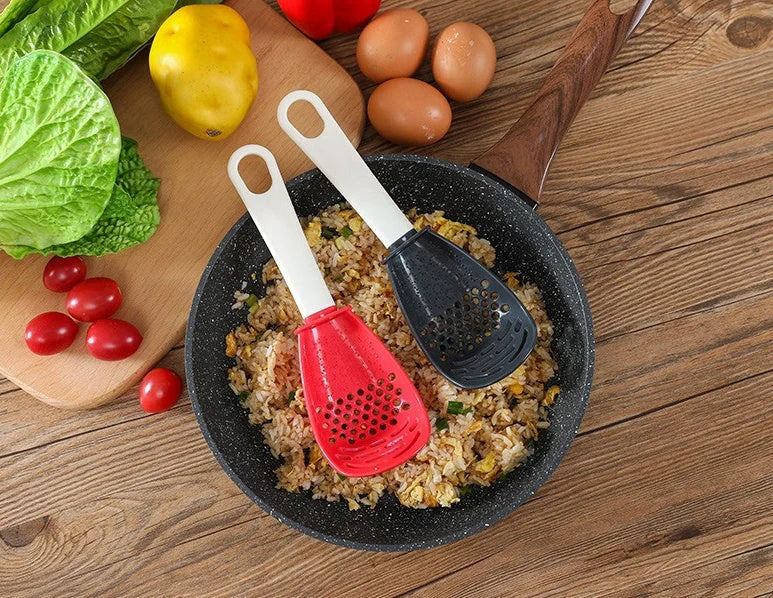 Versatile kitchen spoon for grinding, pressing, and stir-frying in red and black