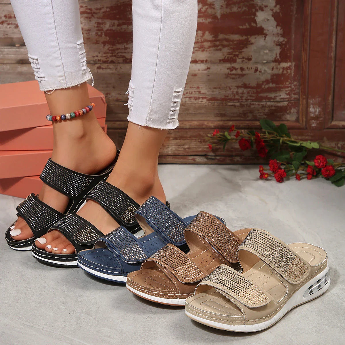 Fashionable rhinestone-embellished summer sandals with air-cushioned footbed