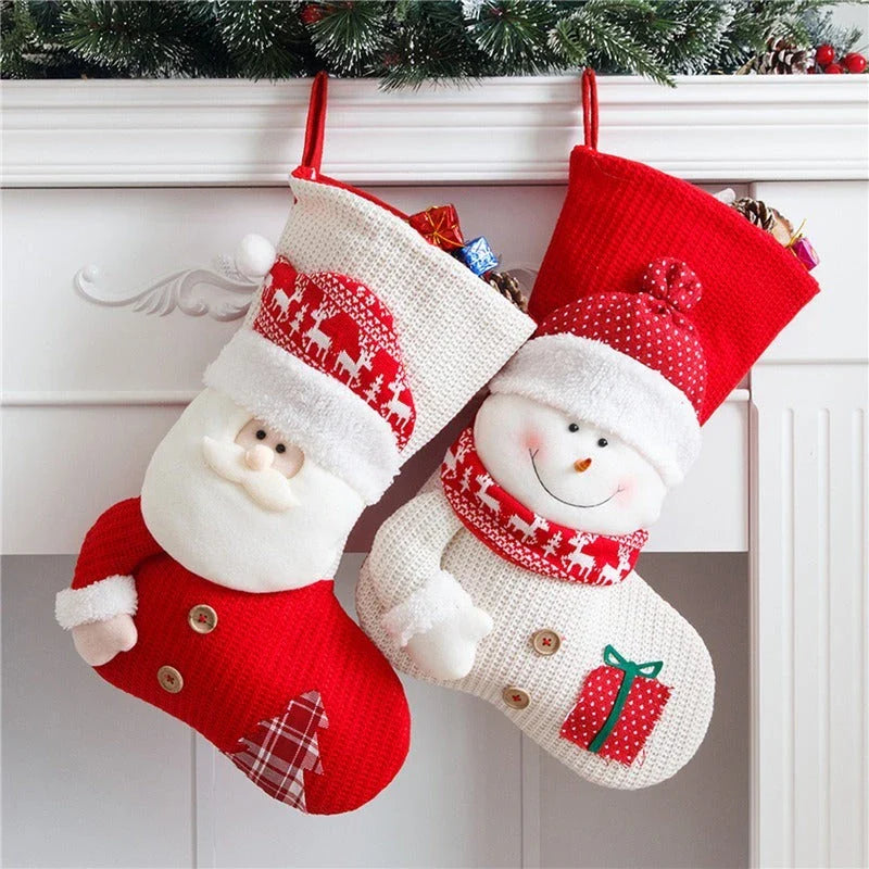 Cozy knit Christmas stocking with classic Santa Claus or whimsical snowman design for festive fireplace and tree decor