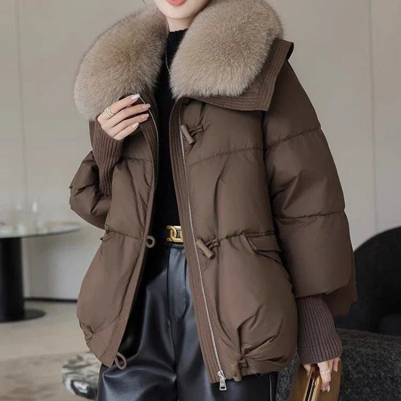 Premium down-filled puffer jacket with faux fur collar, available in brown, black, and white colours